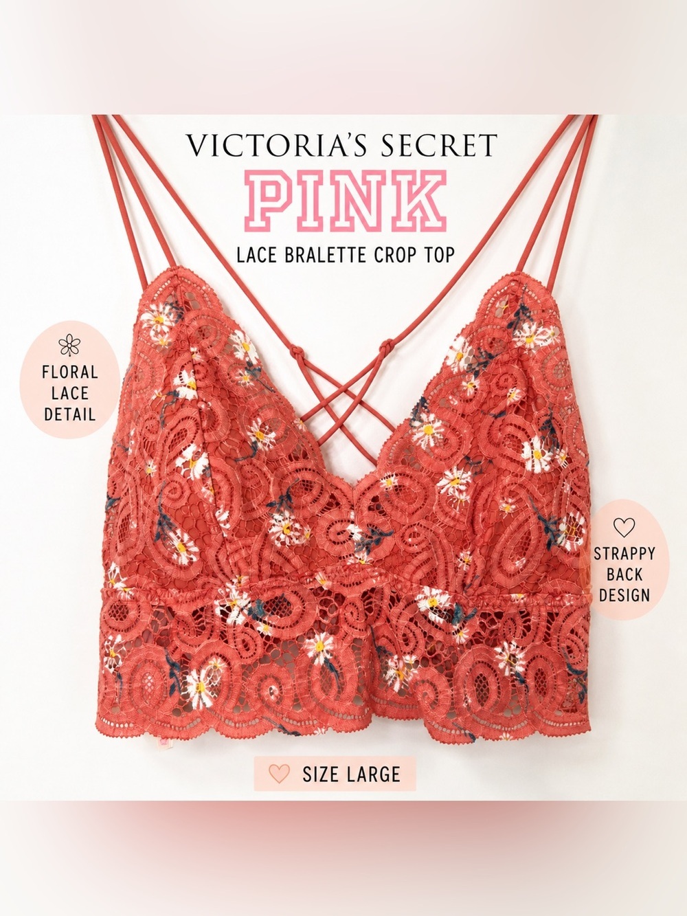 Victoria’s Secret PINK Lace Bralette Crop Top Floral Strappy Back Size Large